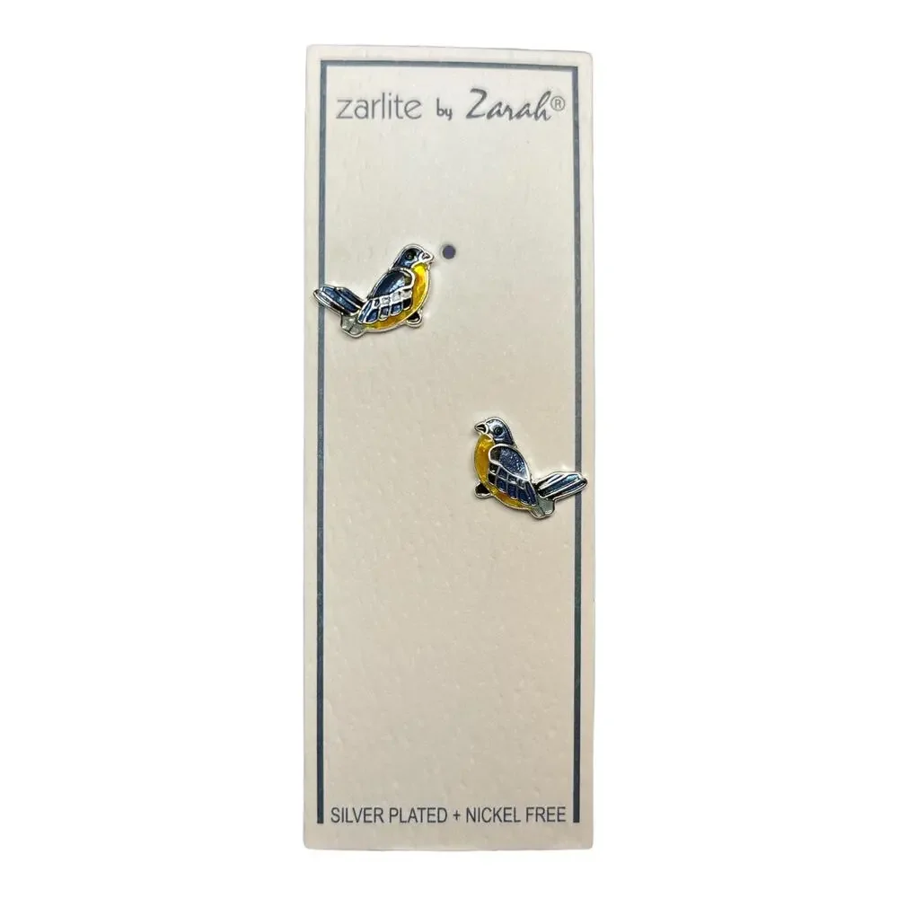 Zarah Little Bluebird Stud Earrings Silver Plated Cloisonne Enamel Bird - Picture 3 of 3